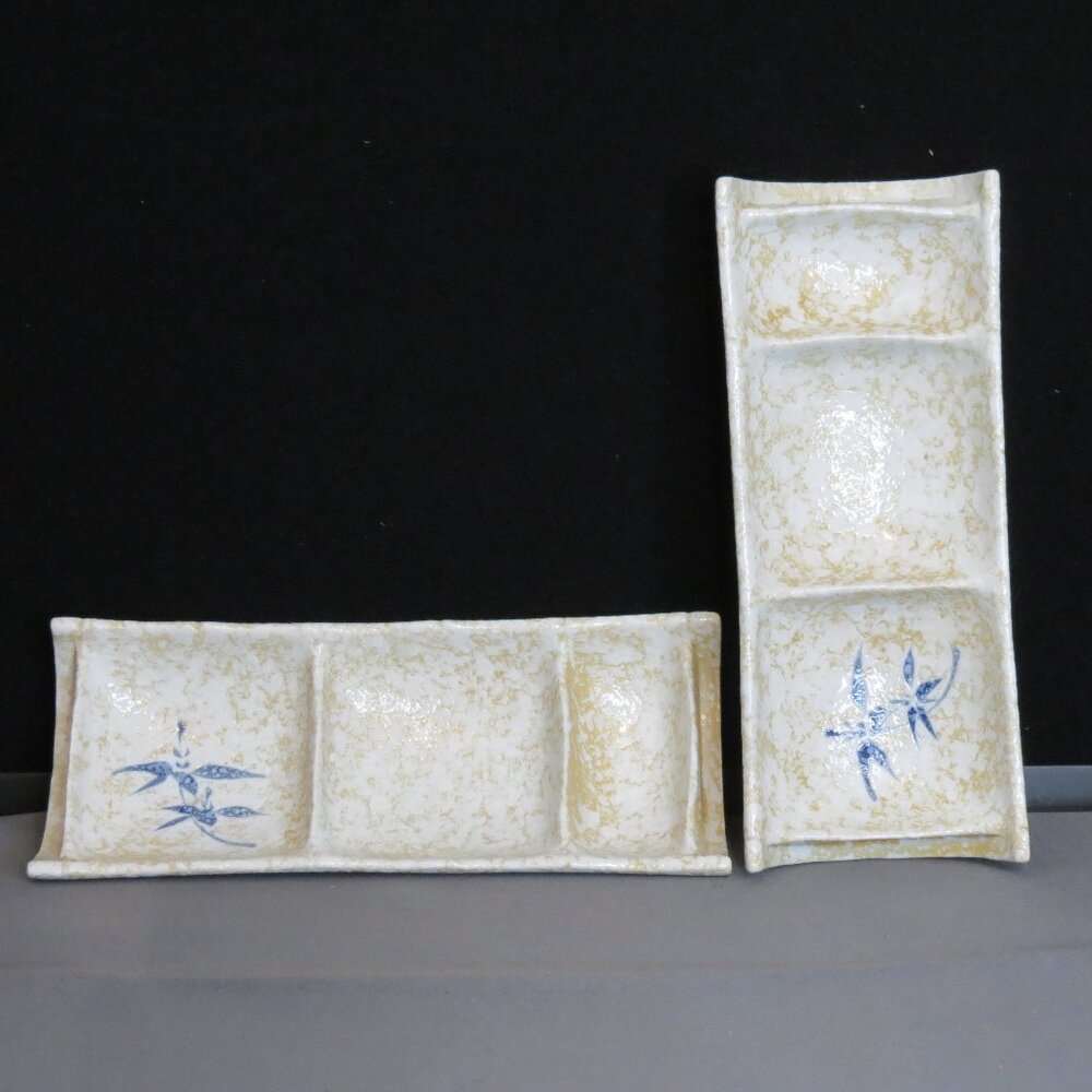 Vintage Japanese Triple Sauce Ceramic Dishes in White and Tan